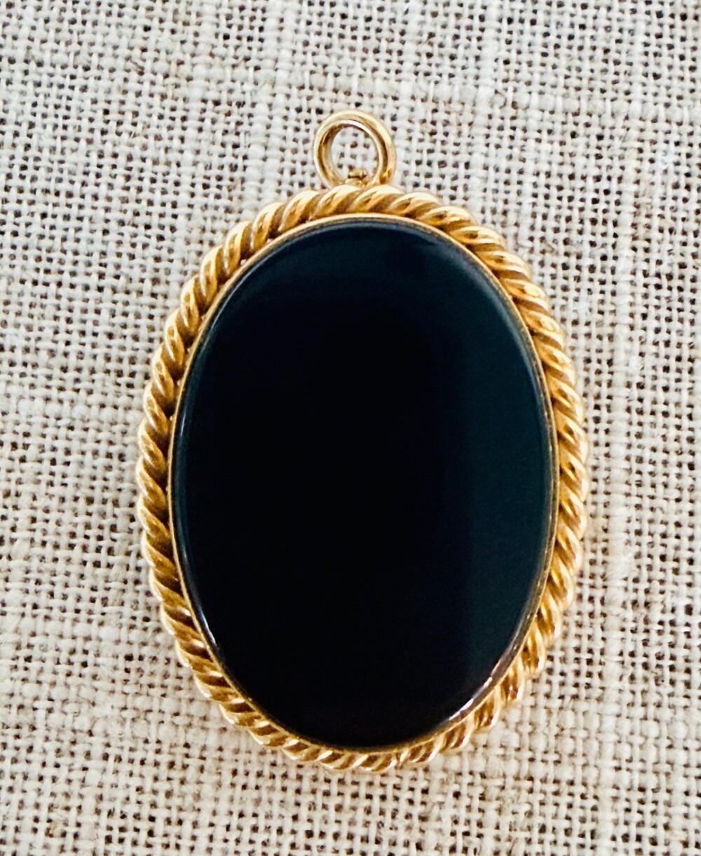 Vintage 14K Gold Filled Black Onyx Oval Brooch Pin Pendant | Rope Twist Border |